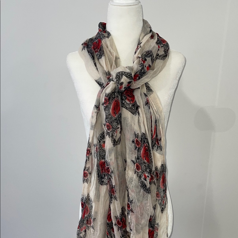 Russian Doll Floral Print Scarf - Red and Cream
